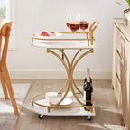 Carrello Bar a 2 Ripiani con Ruote, Carrello da Servizio Moderno Mobile con Portabottiglie, Bianco+Oro