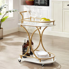 Carrello Bar a 2 Ripiani con Ruote, Carrello da Servizio Moderno Mobile con Portabottiglie, Bianco+Oro