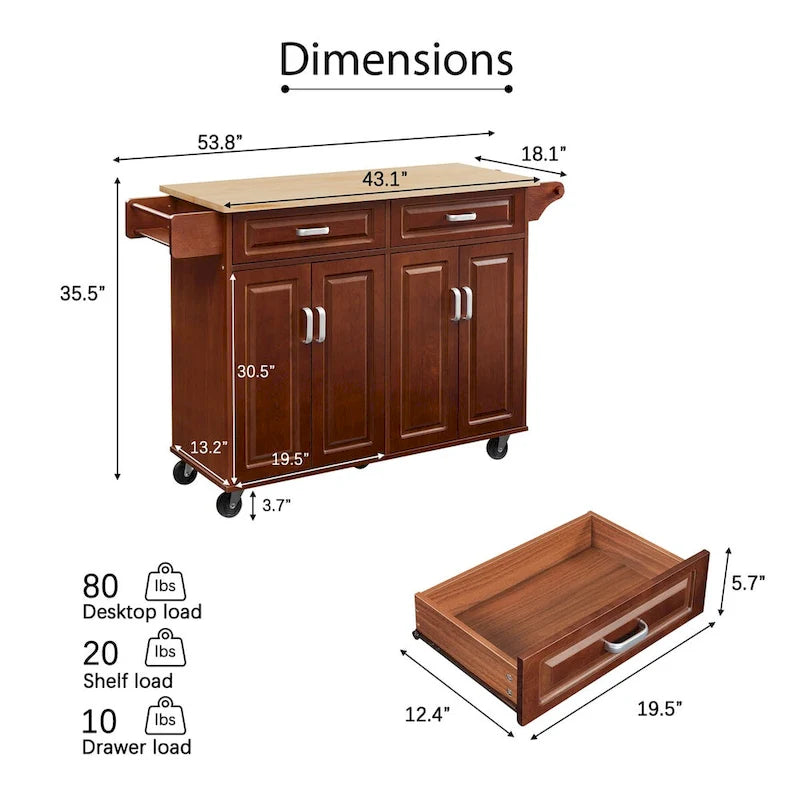 Carrello da Cucina Mobile con Isola e 2 Cassetti