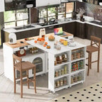 Isola da Cucina su Ruote con Tavolo Estensibile, Luci a LED, Prese di Corrente e 2 Ante in Vetro Scanalato