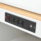 Isola da Cucina su Ruote con Tavolo Estensibile, Luci a LED, Prese di Corrente e 2 Ante in Vetro Scanalato