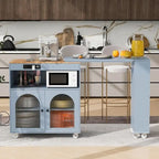 Isola da Cucina su Ruote con Tavolo Estensibile, Luci a LED, Prese di Corrente e 2 Ante in Vetro Scanalato