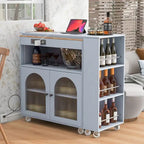 Isola da Cucina su Ruote con Tavolo Estensibile, Luci a LED, Prese di Corrente e 2 Ante in Vetro Scanalato