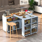 Isola da Cucina su Ruote con Tavolo Estensibile, Luci a LED, Prese di Corrente e 2 Ante in Vetro Scanalato