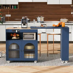 Isola da Cucina su Ruote con Tavolo Estensibile, Luci a LED, Prese di Corrente e 2 Ante in Vetro Scanalato