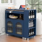Isola da Cucina su Ruote con Tavolo Estensibile, Luci a LED, Prese di Corrente e 2 Ante in Vetro Scanalato