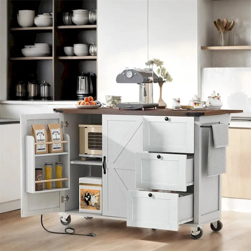 138.4 cm Wood Rolling Kitchen Island with Power Outlet and Internal Storage Rack