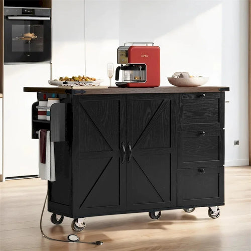 Isola cucina in legno con ruote, presa di corrente e ripiano interno, 138,4 cm
